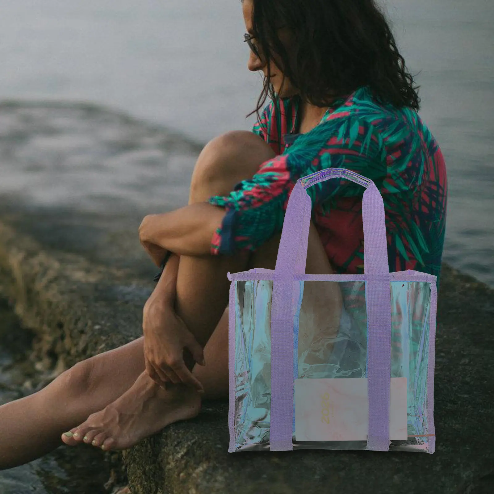 

1Set Iridescent Clear PVC Beach Tote Bag Waterproof Large Capacity Travel Tote for Women Summer Pool Cruise Outdoor Storage Bag