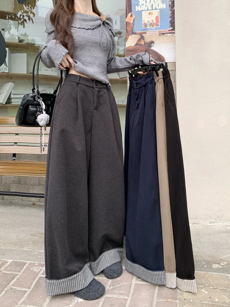 Autumn/Winter Women Japanese-Style Harajuku Striped Trousers With Ribbon-Trimming Casual Loose-Fit Straight-Leg Wool Pants