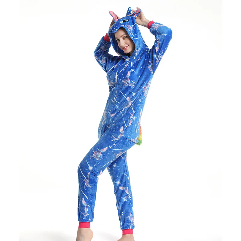 Blue Unicorn One-piece Jumpsuit Long-sleeve Animal Pajamas Loose Casual Loungewear Autumn Winter Adult Kids Homewear