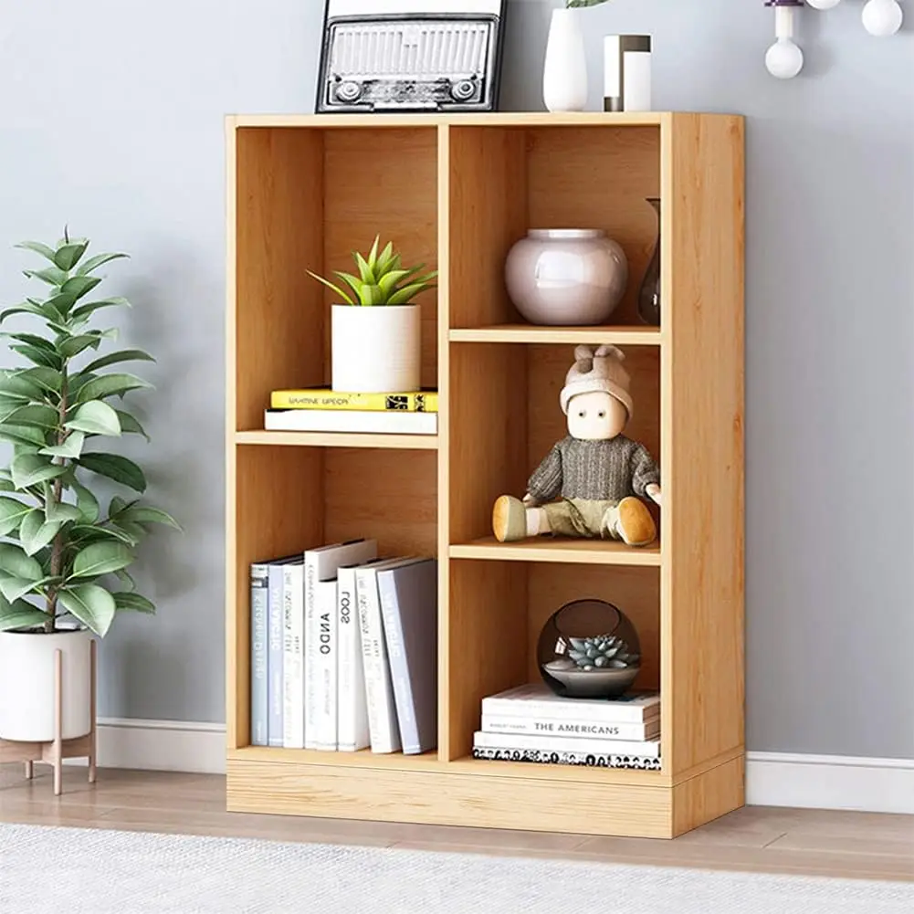 

Wooden 3-Tier Open Shelf Bookcase with Base, 5 Cubes Short Horizontal Display Cabinet in Pear Yellow