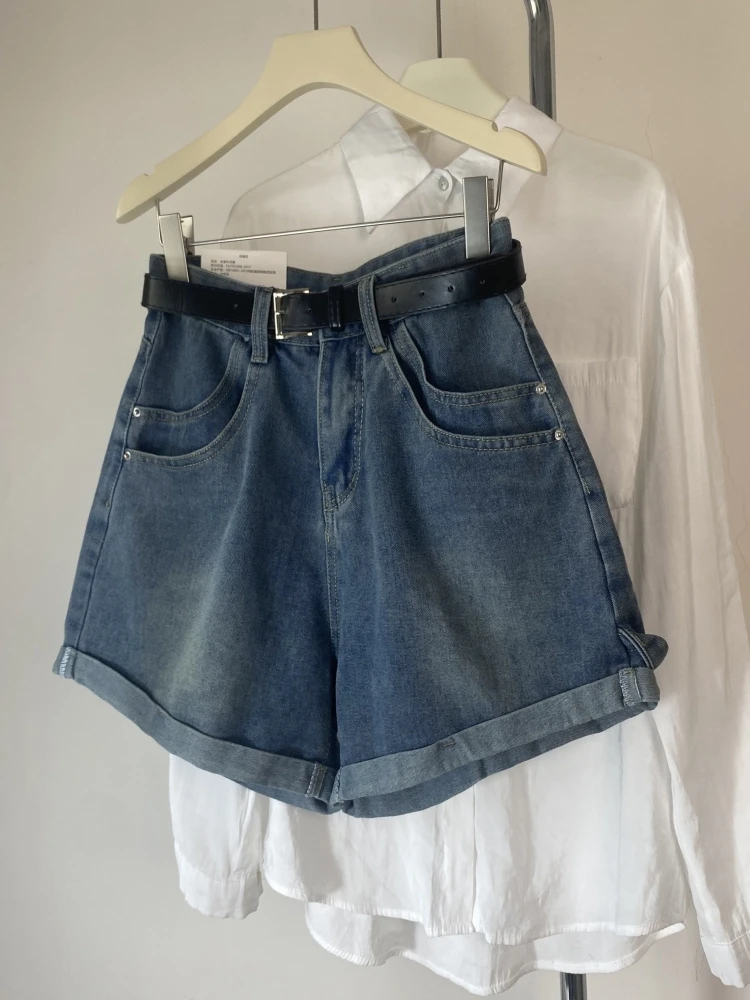 

Retro Cuffed Wide Leg Denim Shorts Women's Fashion High Waist Slimming Loose A-Line Hot Pants Trendy Summer Jeans Shorts