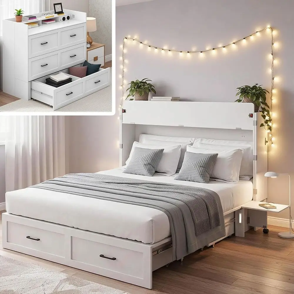 Murphy Bed with Storage & Charging Station, Queen Size Murphy Cabinet Bed Hideaway Bed with Motion Sensor Lights or Bedroom/Gt R