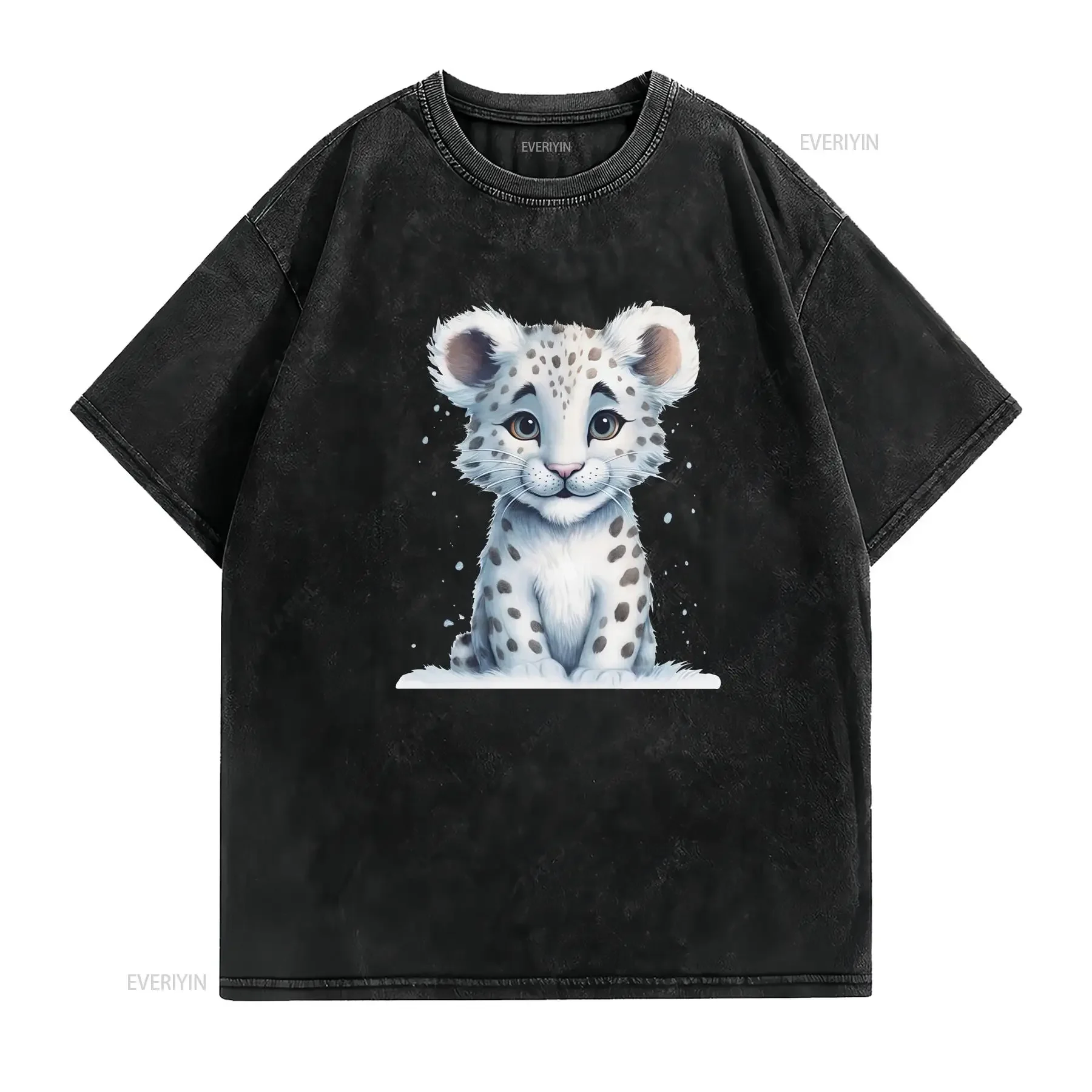 Snow Leopard T Shirt Desing Animal Tiger Lovers White vintage Washed graphic Soft Top For Everyday Wear Slightly streetwear