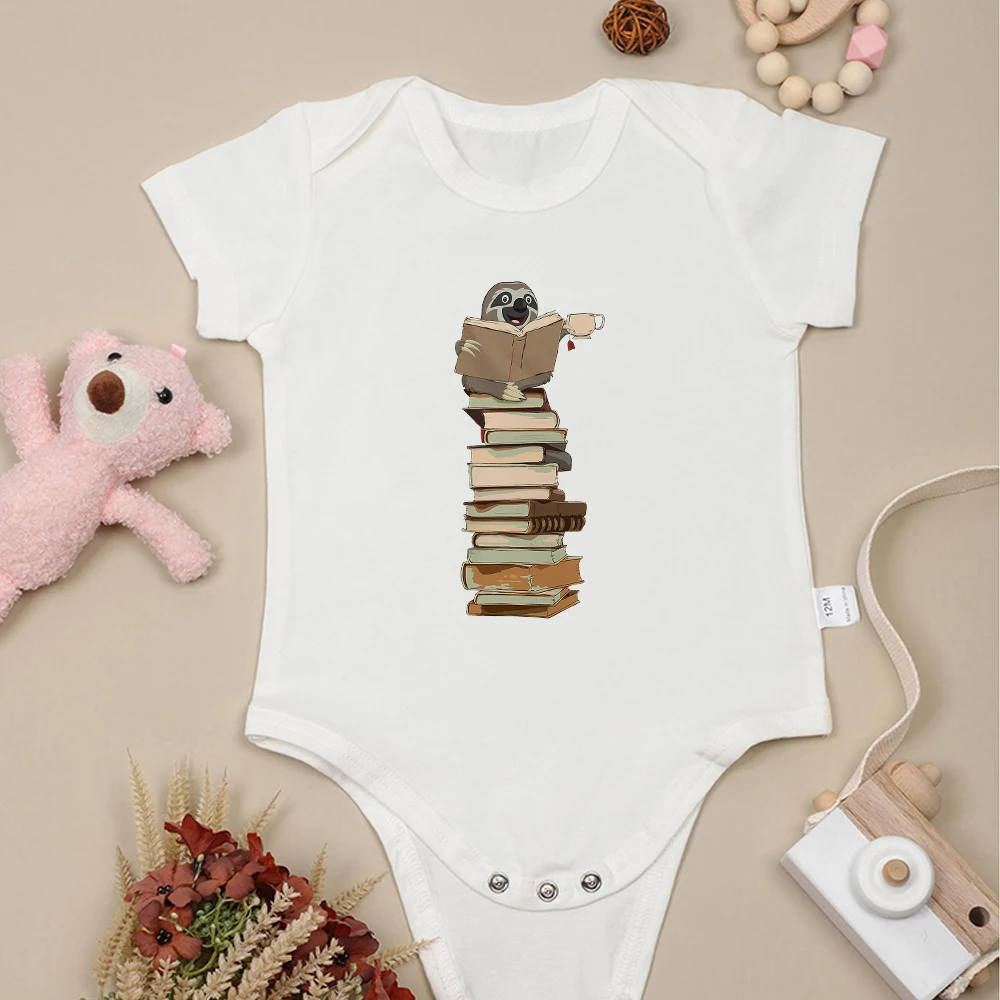 Sloth Love Coffee Reading Book Baby Boy Bodysuits Cartoon Fun Kawaii Newborn Clothes Onesies Cotton Comzy Infant Toddler Outfits