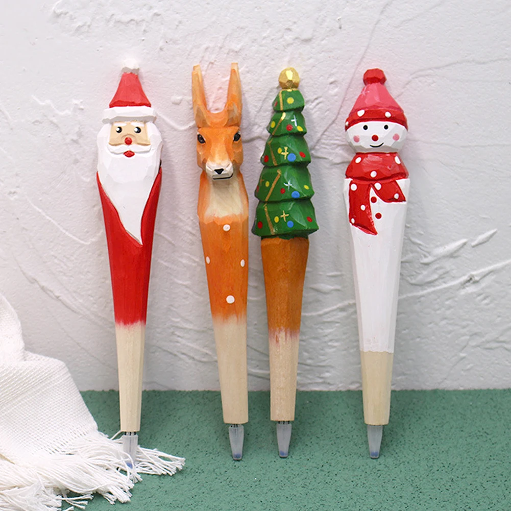 Wood Cartoon Pen Santa Claus Xmas Tree Deer Ballpoint Pen Merry Christmas Gifts Stationery Writing Tool Office School Supply