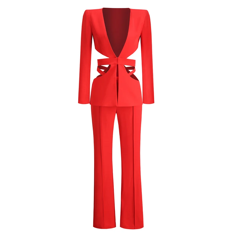 MSMUSI 2023 New Fashion Women Sexy Red V Neck Two Piece Set Bodycon Party Long Sleeve Hollow Out Blazer Top Long Pant Set Suit