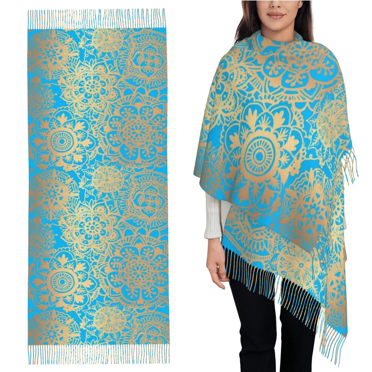 

Светло-голубой и золотой шарф с узором мандалы, шарфы с кисточками, женские мягкие теплые шали и накидки, длинная осенне-зимняя шаль