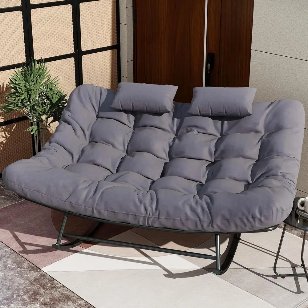 

Gray Oversized 2-Person Outdoor Rocking Chair with Soft Cushion and Rattan Style for Patio or Balcony