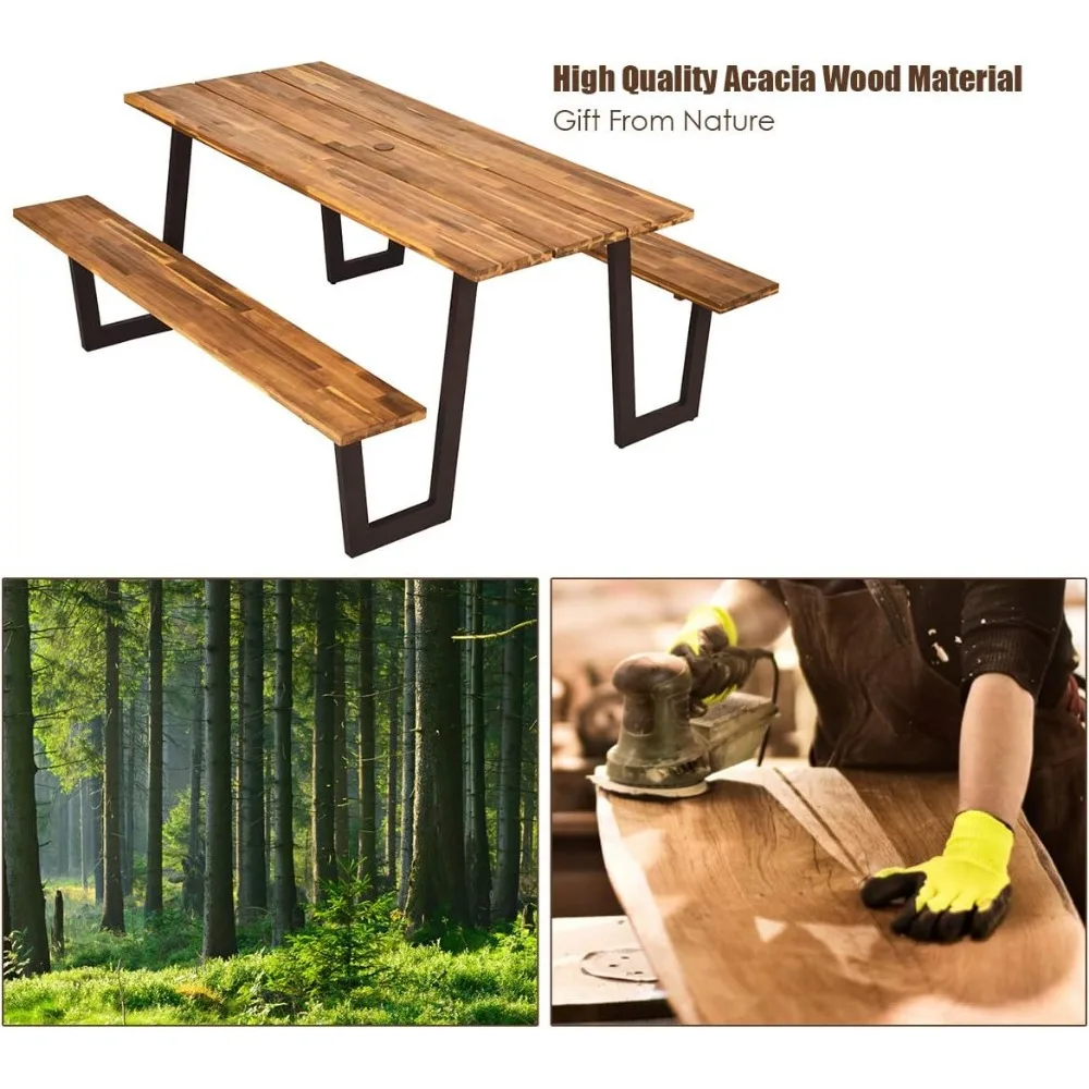 Набор скамейки для пикника с отверстием для зонта, набор обеденных столов на открытом воздухе, 70-дюймовый пивной стол из дерева акации с металлическим каркасом, патент