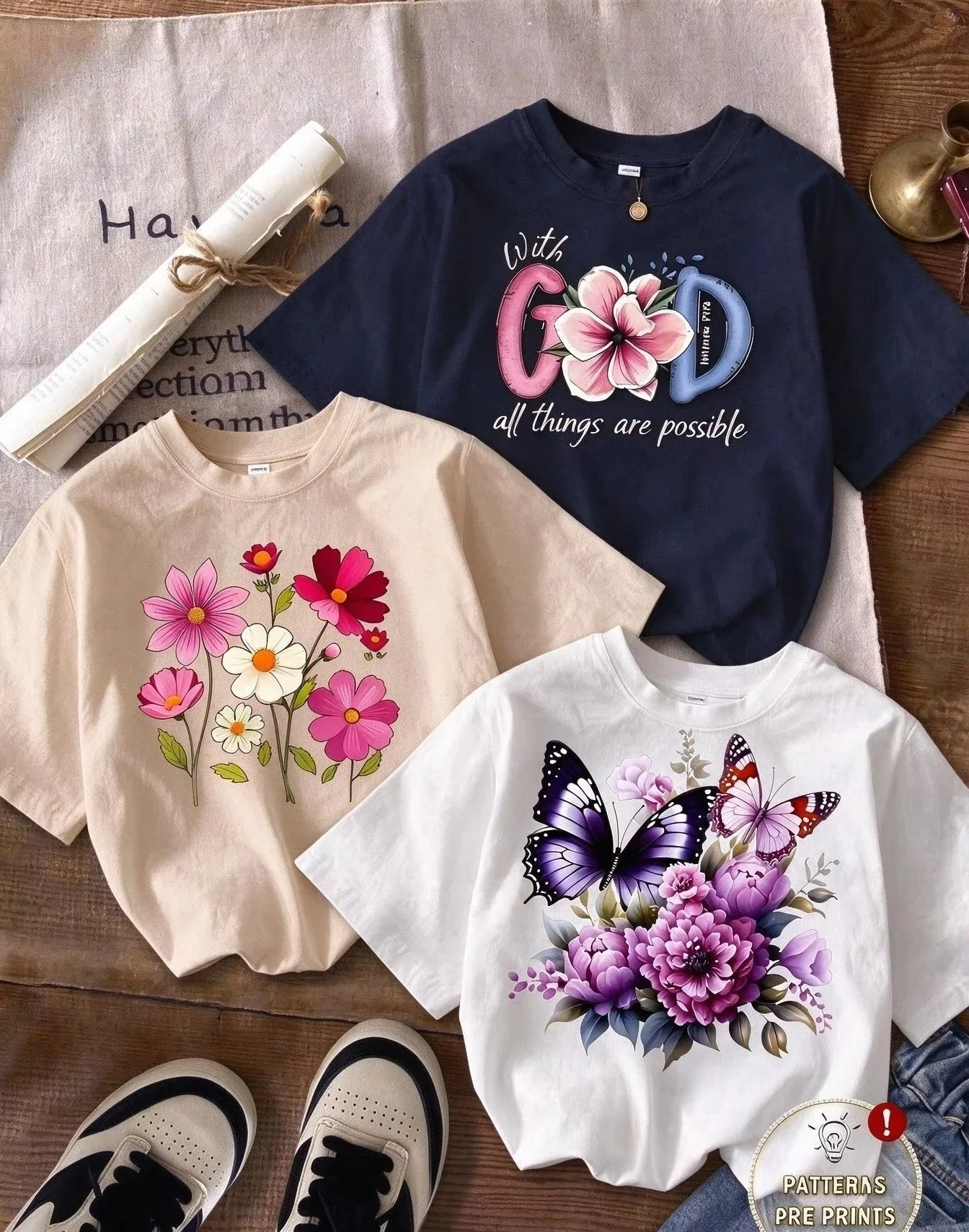 2026 Women 3-Pack Casual T-Shirt Multipack, Cottagecore Aesthetic Wildflower Botanical & Vintage Butterfly Graphic Print Tees, Short Sleeve Basic Tops For Boho Daily Outfit