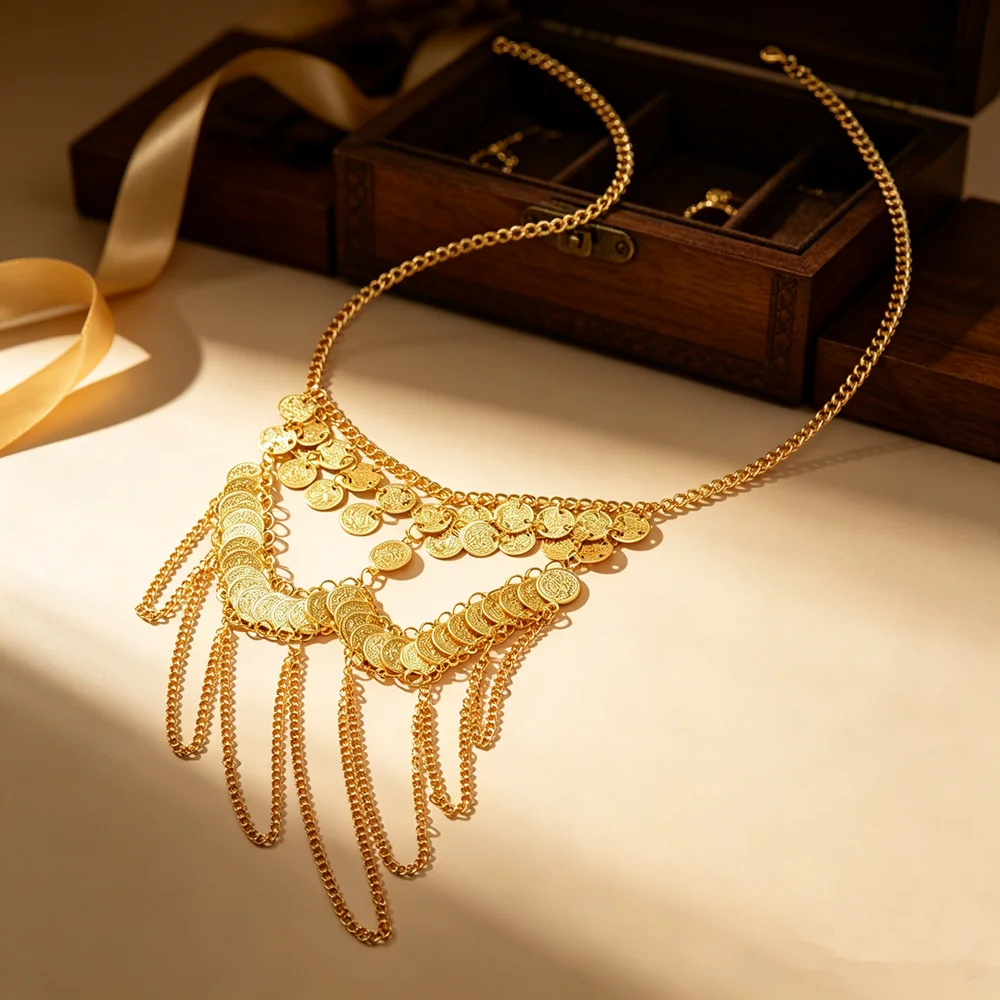 Gold Plated Tassel Face Chain Coin Mesh Mask Suitable for Carnival Season Or Performance Ladies Headwear Face Covering Accessory