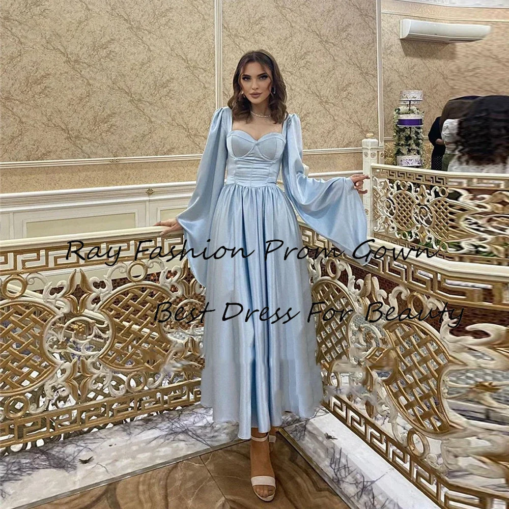 

Ray Fashion A Line Evening Dress Sweetheart With Full Puff Sleeves Tea Length For Women Formal Boho Occasion فساتين سهرة