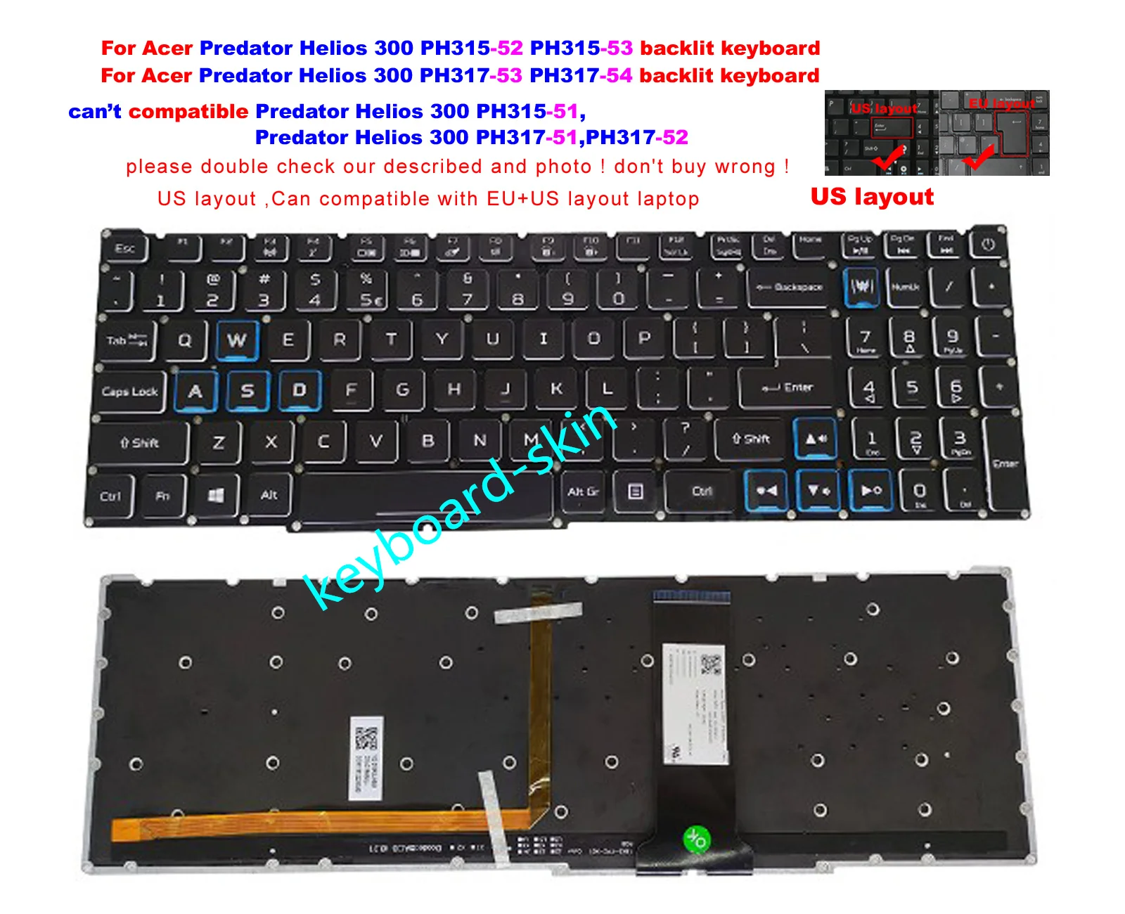 RU Russian RGB Colorful backlit without frame keyboard For Acer Predator Helios 300 PH315-52 PH317-53 PH317-53-795U laptop