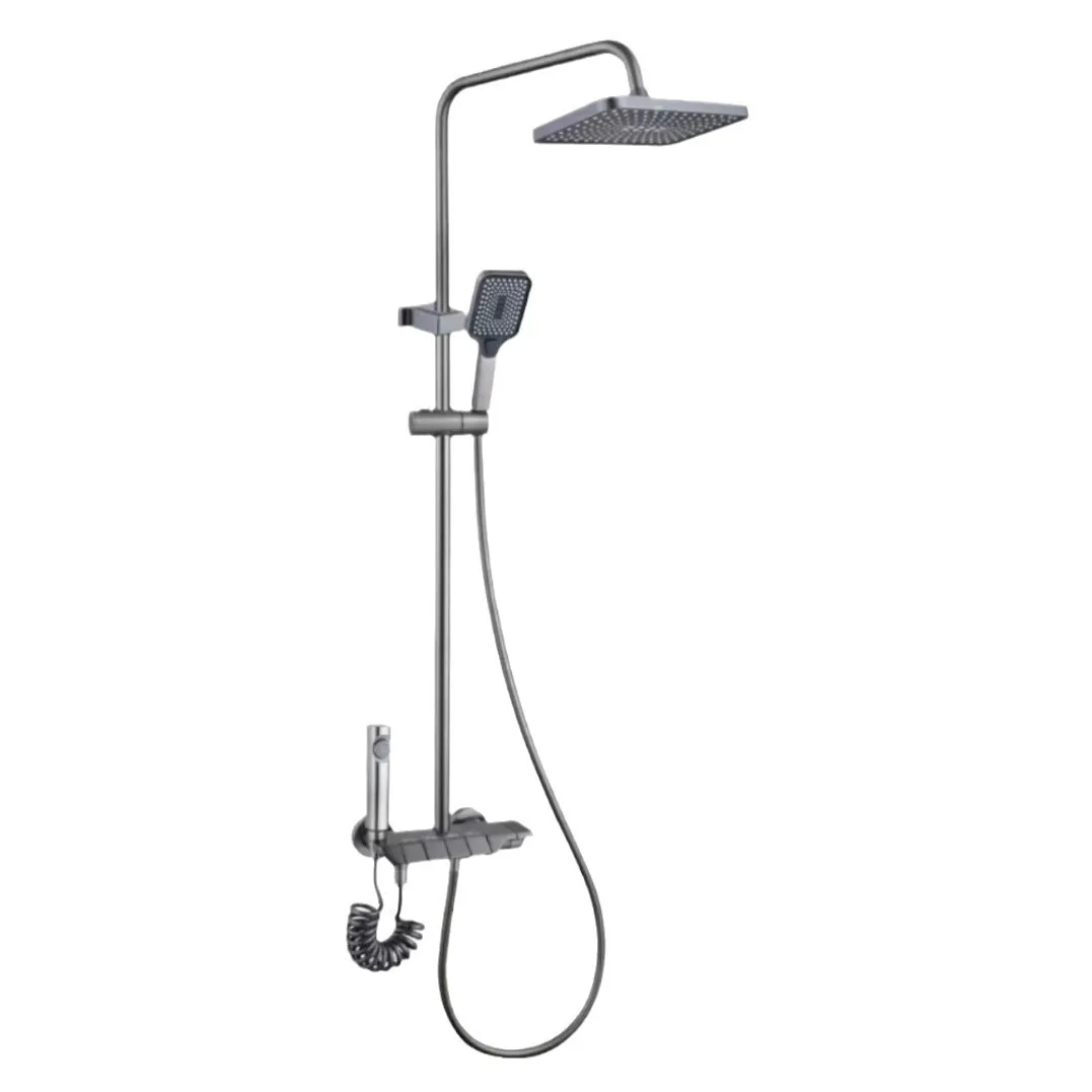 Gun Gray Piano Button All Copper Four Level Pressurized Shower Set for Home Wall