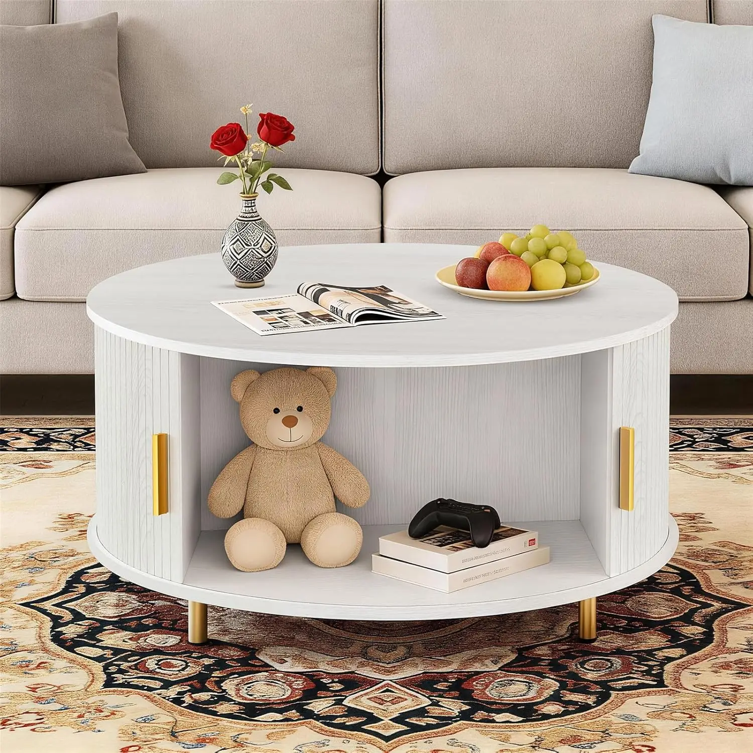 

Круглый журнальный столик, 31,5 дюйма, в стиле середины века, с поворотом на 360 градусов ° Раздвижная дверь-гармошка, с рифленым узором, цвет кофе, на заказ