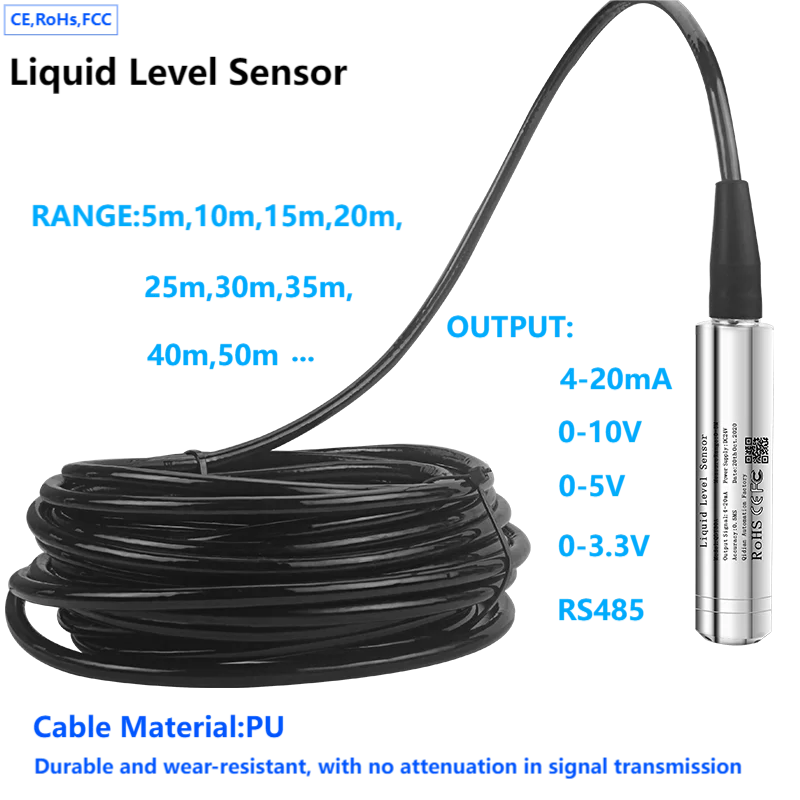 50M Range Hydrostatic Liquid Level Transmitter 4-20mA 0-10V 0-3.3V RS485 Output Water Pressure Level Sensor 5M 10M 25M 30M 