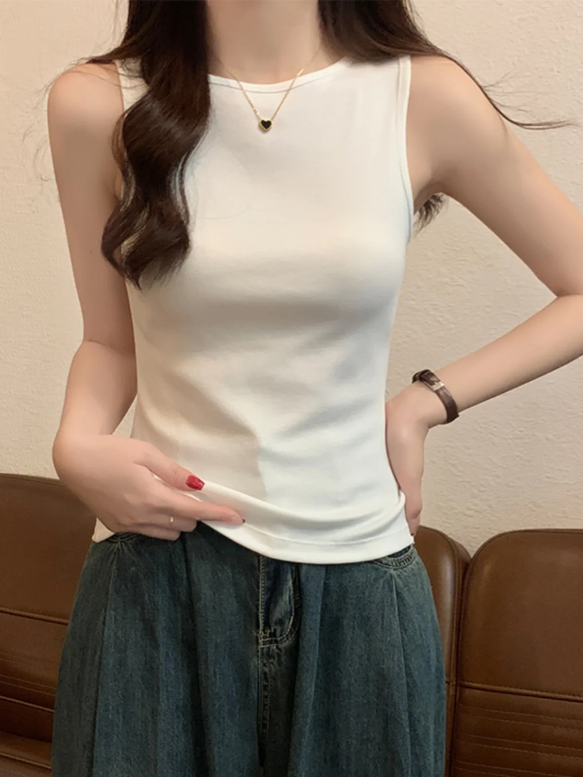 

Slim Fit Retro Color round Ne Svel Ribbed Vest T-irt Women's irt Inner Wear Hong Kong Sle Ele Thinmin...
