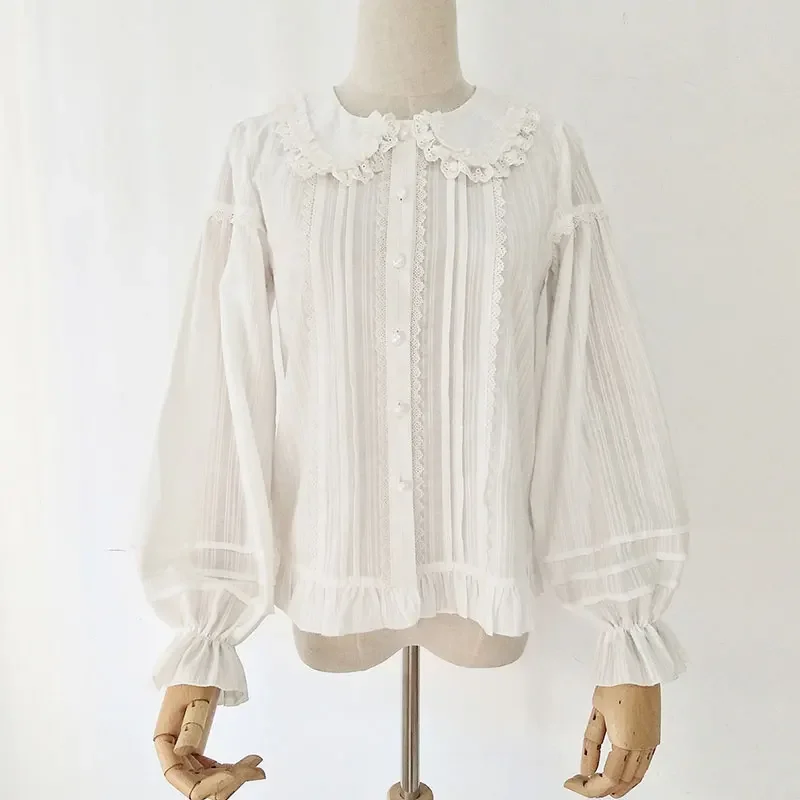 

Cotton Lolita Shirt Peter Pan Collar Fleeced Long Sleeve Blouse for Women