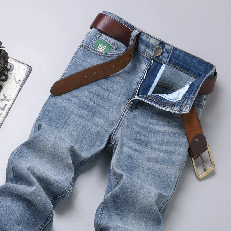 2025 Autumn New Men's Jeans Light Blue Slim Fit Stretch Straight Fashion Korean Denim Pants Brand Daily Casual Trousers
