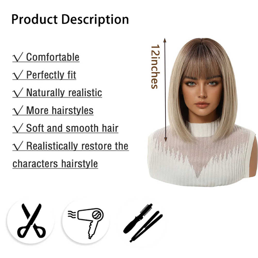 Short Bob Wig With Bangs For Women Ombre Ash Blonde Straight Dark Roots Heat Resistant Synthetic Hair Daily Cosplay Party Use