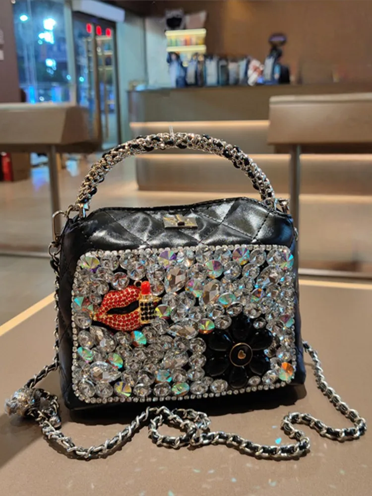 جديد إمرأة غلق بمشبك موضة الماس البقرة انقسام حقيبة يد جلدية السيدات سلسلة الماس شبكة مربع صغير الكتف Crossbody حقيبة تحت الإبط #4