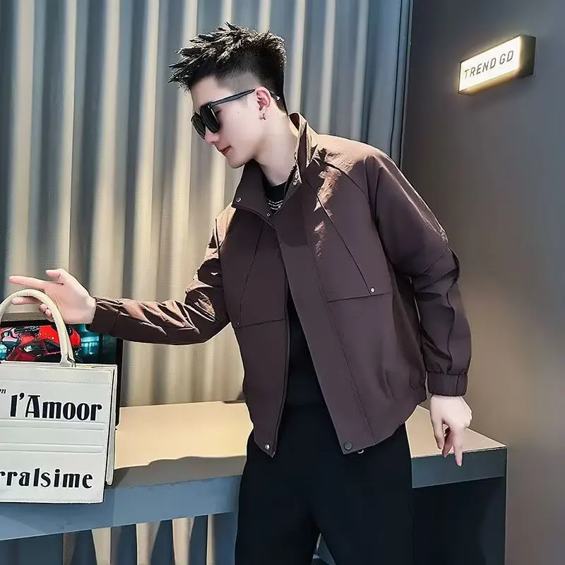 

Korean Sle Men's Faionable Stand Collar Jaet Versatile Casual Long Sve Winter Outerwear Polyester Fiber Streetwear