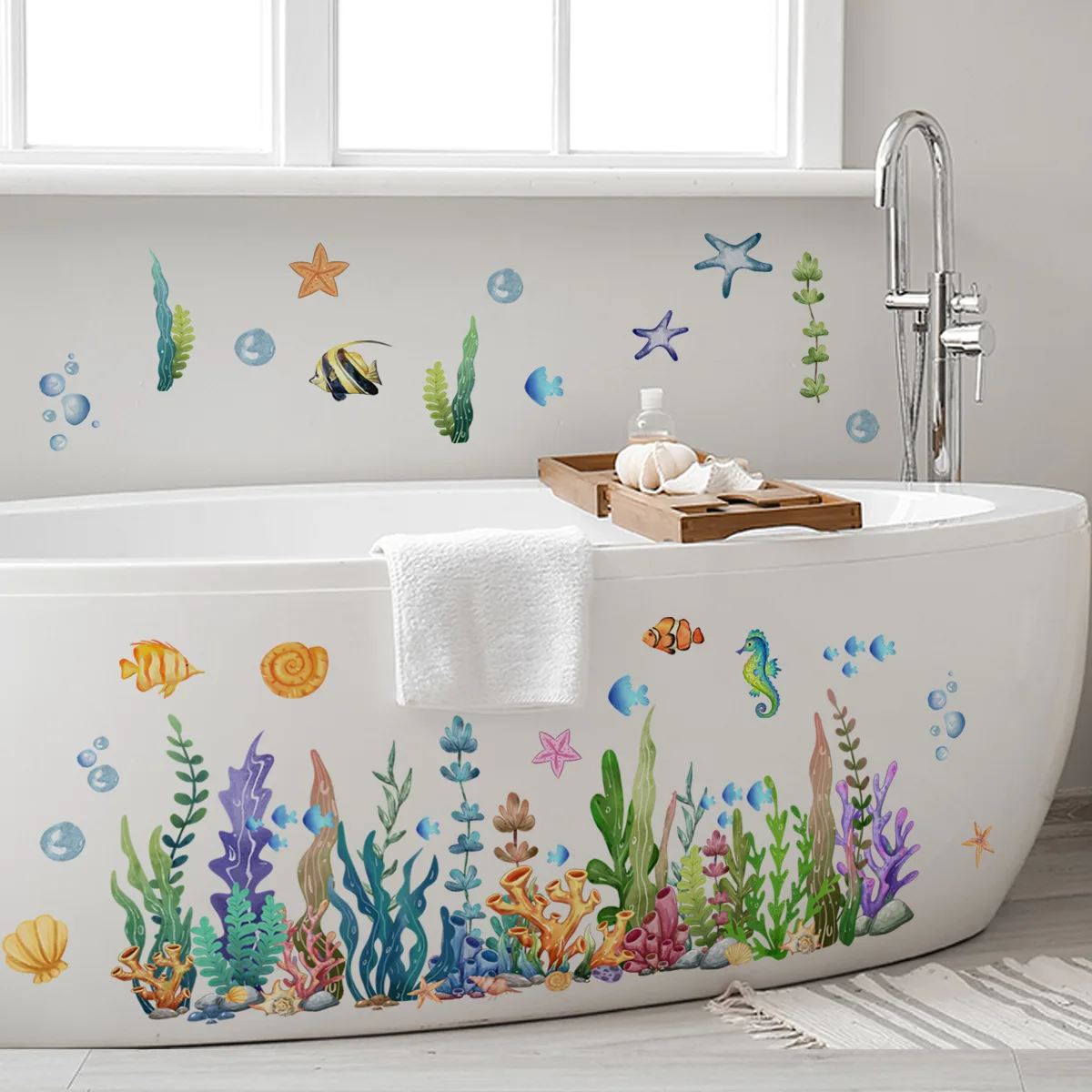 Ocean Sea Animals Fishes and Seaweed Coral Bathtub Sticker for Nursery Bathroom Shower Background Wall Self-Adhesive Decoration