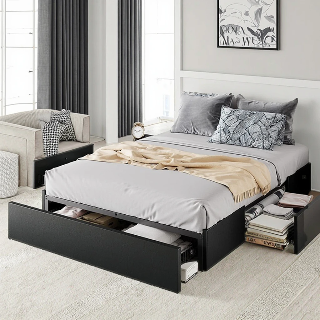 #Cross-Border Exclusive Light Luxury Double Bed Frame with Storage Drawer Fabric Iron Bedroom Set & Sofa Bed