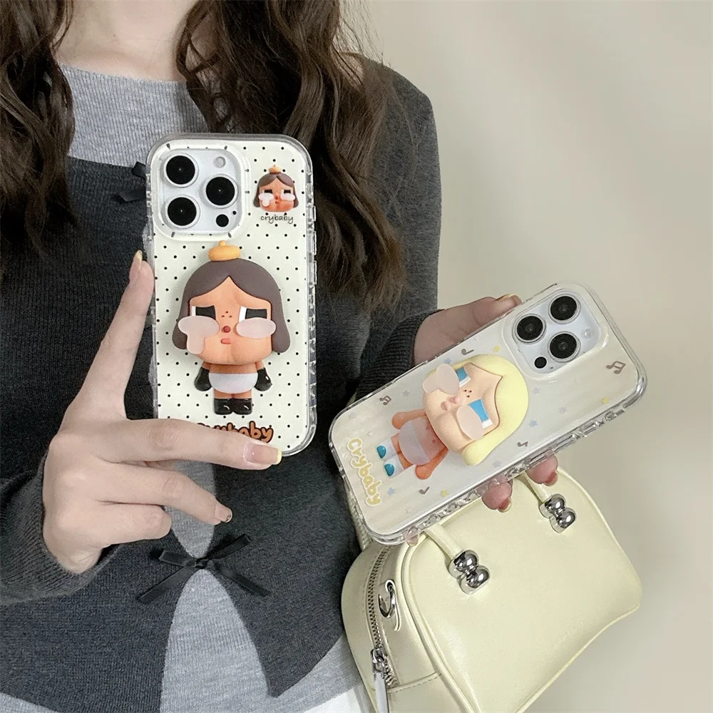 

Fashion polka dot stripes 3D cartoon Cry Girl phone case for iPhone 14 16 15 Pro Max cover cute stars new cartoon protective Fun
