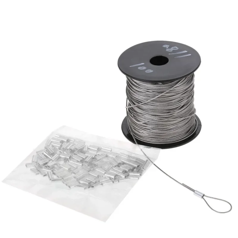 Cuerda de alambre de acero inoxidable de 100m + manga de bucle de prensado de 150 piezas, Cable recubierto multifuncional de 7x7 de 1mm de diámetro,