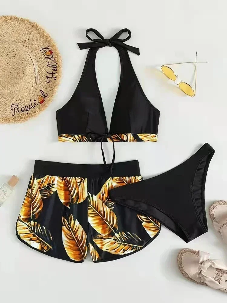 Women New Bikinis Sexy Halter Bikini 3 Piece Set Leafs Print High Waisted Swimsuit Beach Bathing Suit Size Swimwear Women