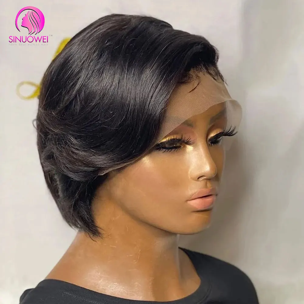 Pixie corte peruca para mulheres, laço transparente, perucas de cabelo humano, reto curto Bob, peruca de cabelo remy, cabelo brasileiro