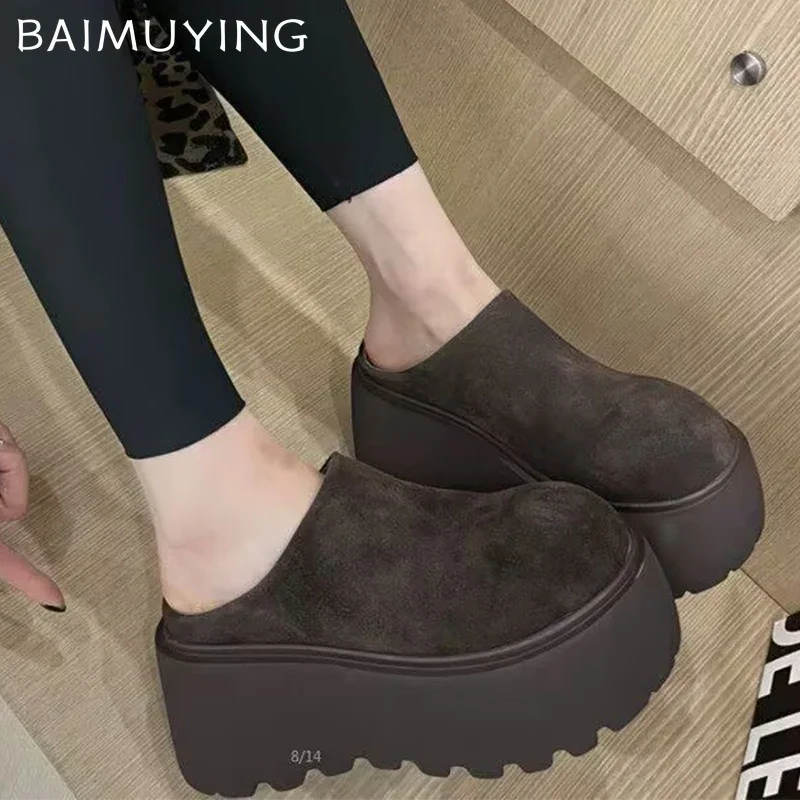 High Heels Women Mules Shoes Suede Platform Slippers Winter Short Plush Slingback Cotton Shoes 2024 Trend Casual Mujer Zapatos