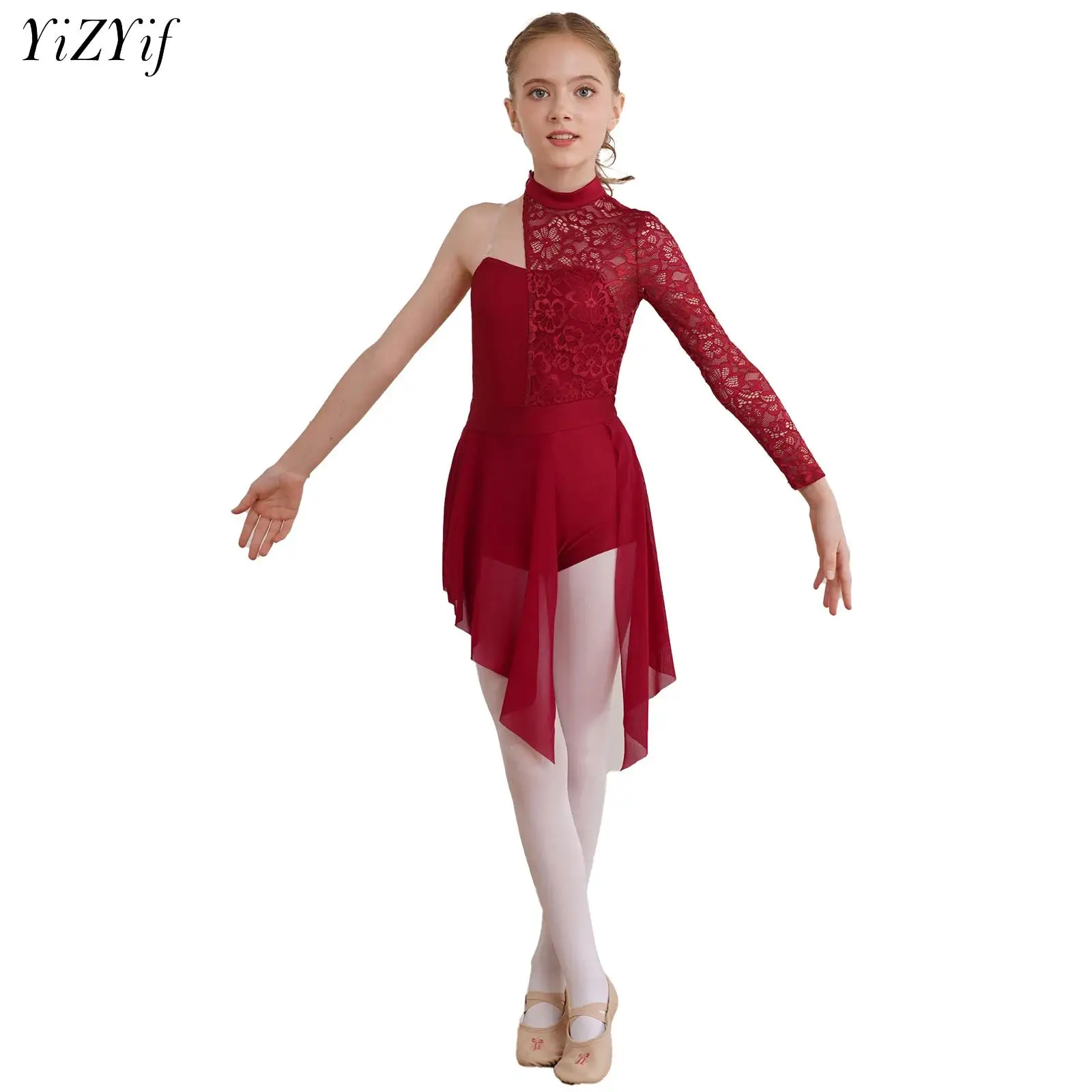 

Floral Lace Figure Ice Skating Dress Girls Long Sleeve Gymnastic Leotard Ballet Jumpsuit Competition Performance Dance Costume