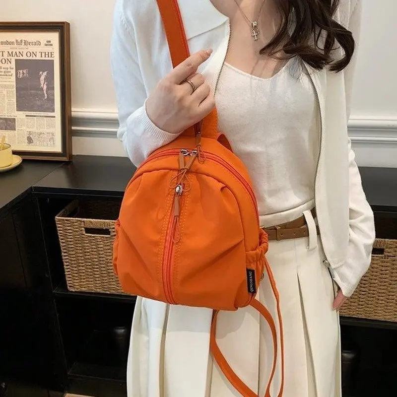 Women Orange Nylon Mini Backpack with Double Zipper Casual Lightweight Daypack for Daily School Travel Shopping