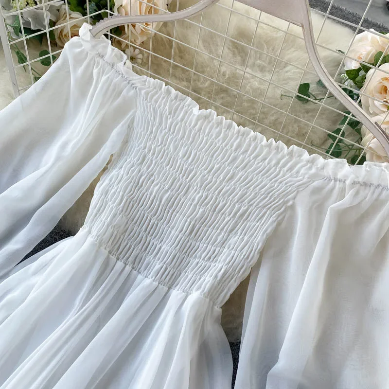 Primavera Estate nuove donne eleganti abito da vacanza manica a sbuffo slash neck spalle scoperte abiti in chiffon bianco femminile smock