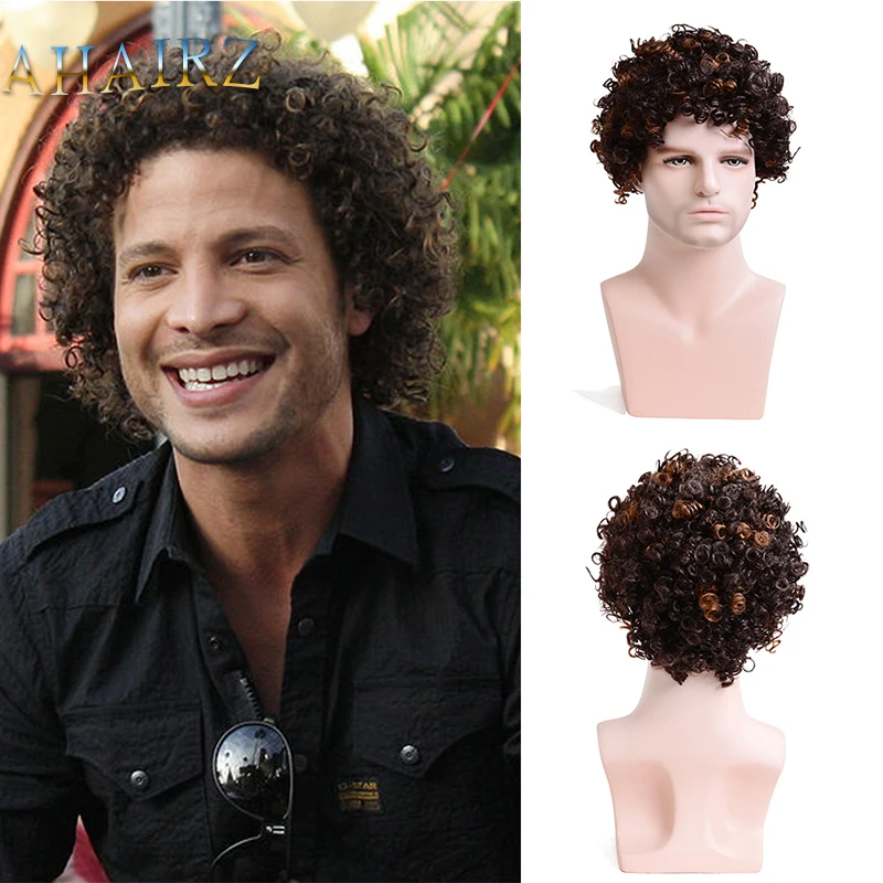 

Synthetic Short Mixed Dark Brown Curly Wigs for Men Daily Wear Layered Fluffy Wig Heat Resistant