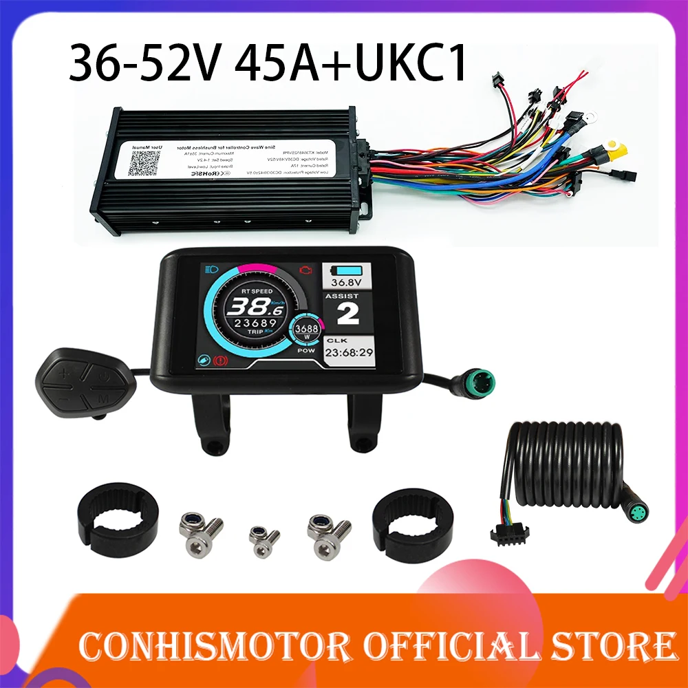 Electric Bike 36V 48V 52V 1200W-1800W 45A 3-Mode Sine Wave Ebike Motor and Speed Controller Set with Colorful LCD UKC1 Display