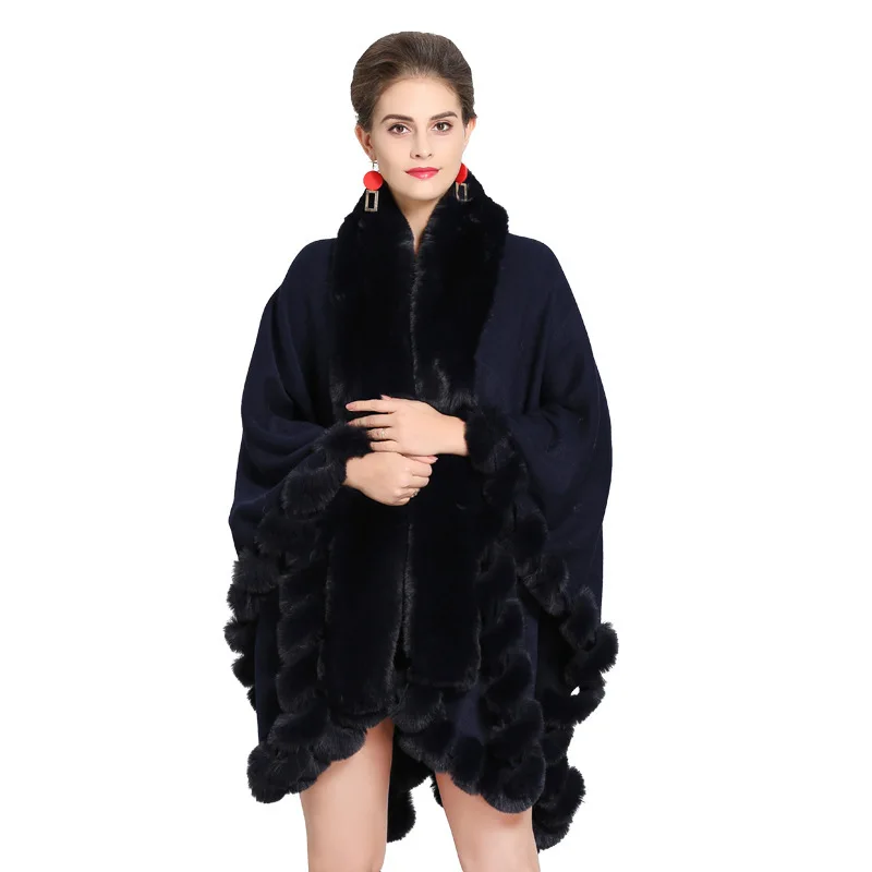 EuropeStyle Fashion Double Fox Fur Coat Cape Hooded Knit Cashmere Cloak Cardigan Outwear  Women Winter Shawl 1.1kg