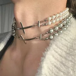 Y2K Jewelry Pearl Splicing Cross Necklaces Punk Charms Choker Korean Fashion Necklace Women Grunge Accessories Goth