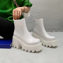 Platform BootsThick Heel Street Style Winter Shoes Woman Square Toe Cowhide Casual Shoes Spring Autumn Ankle Boots Back Zipeprs