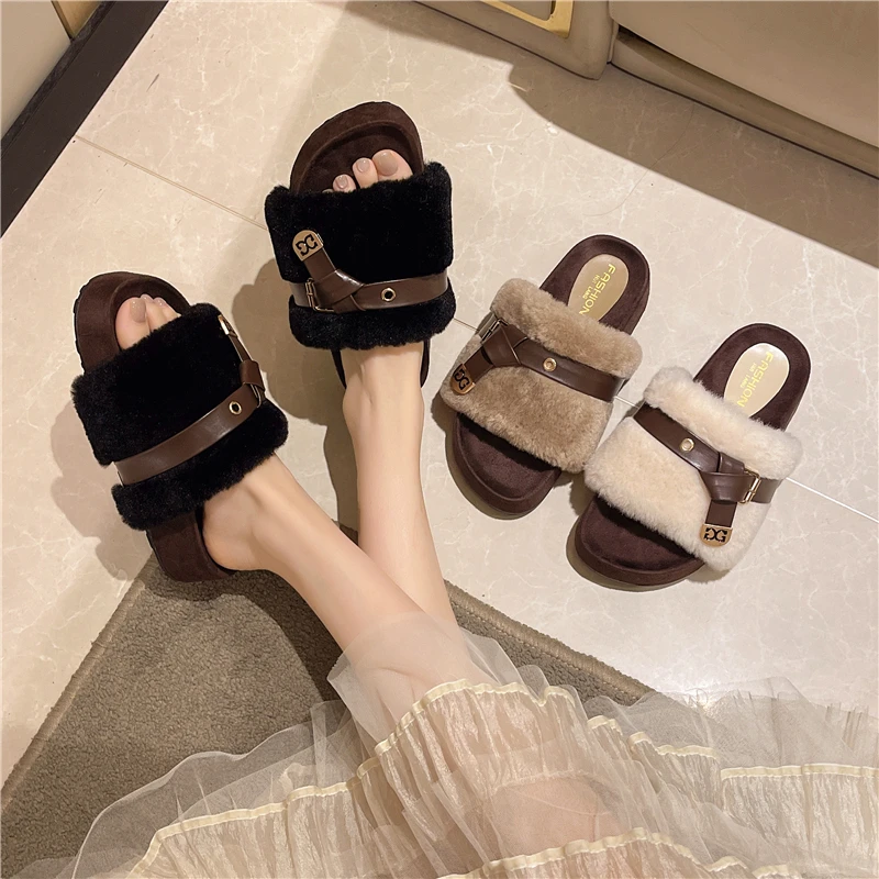 

Women's Fashionable Fur Slippers New 35-42 Large Size Round-head Belt Buckle Thick-soled Cotton-torched Versatile Home Slippers