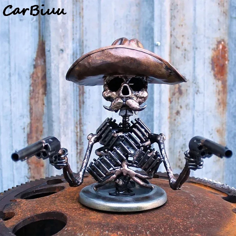 Car Pendant Skeleton Gunslinger Sculpture Cowboy 3D Metal Automotive Emblems Gothic Punk Skull Gunner Ornament Hood Statue