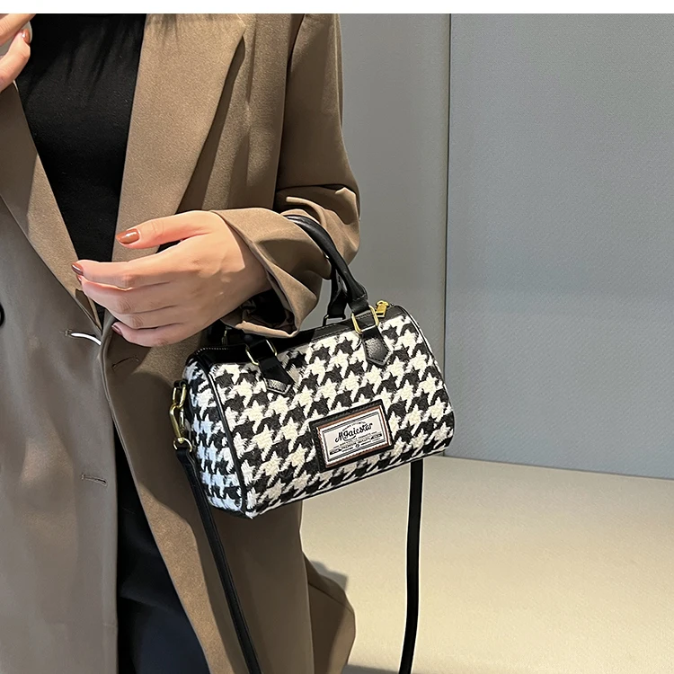 Woolen Houndstooth Crossbody Bag For Women Autumn Winter New Luxury Designer Black Female Handbag Boston Shoulder Bag