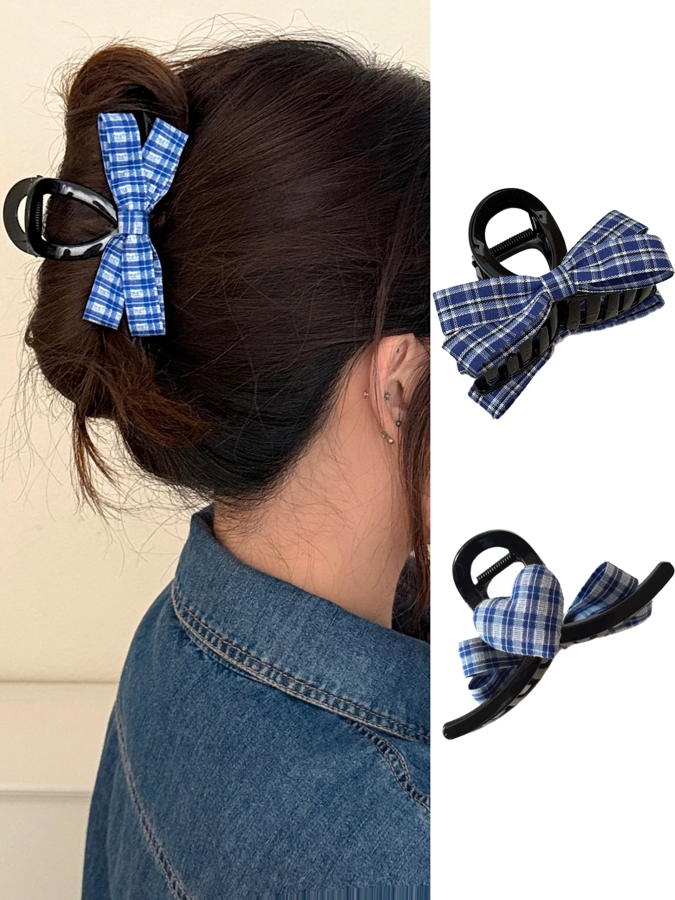 1 pieza de pinza para el pelo negra con lazo de malla azul para mujer, accesorios para el cabello de media altura para uso diario, informales y frescos