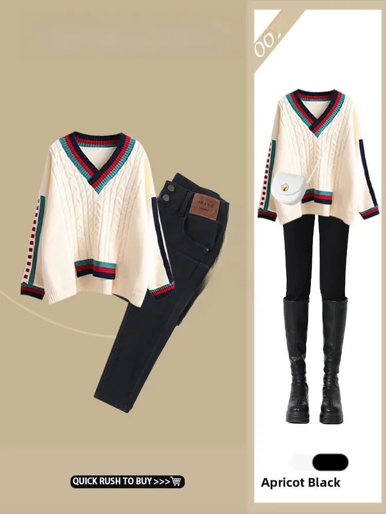 

Faionable Knitted Sweater And Jeans Two-Piece Set Autumn Winter New Sle Ele Cute College Sle ular Slimming Jeans