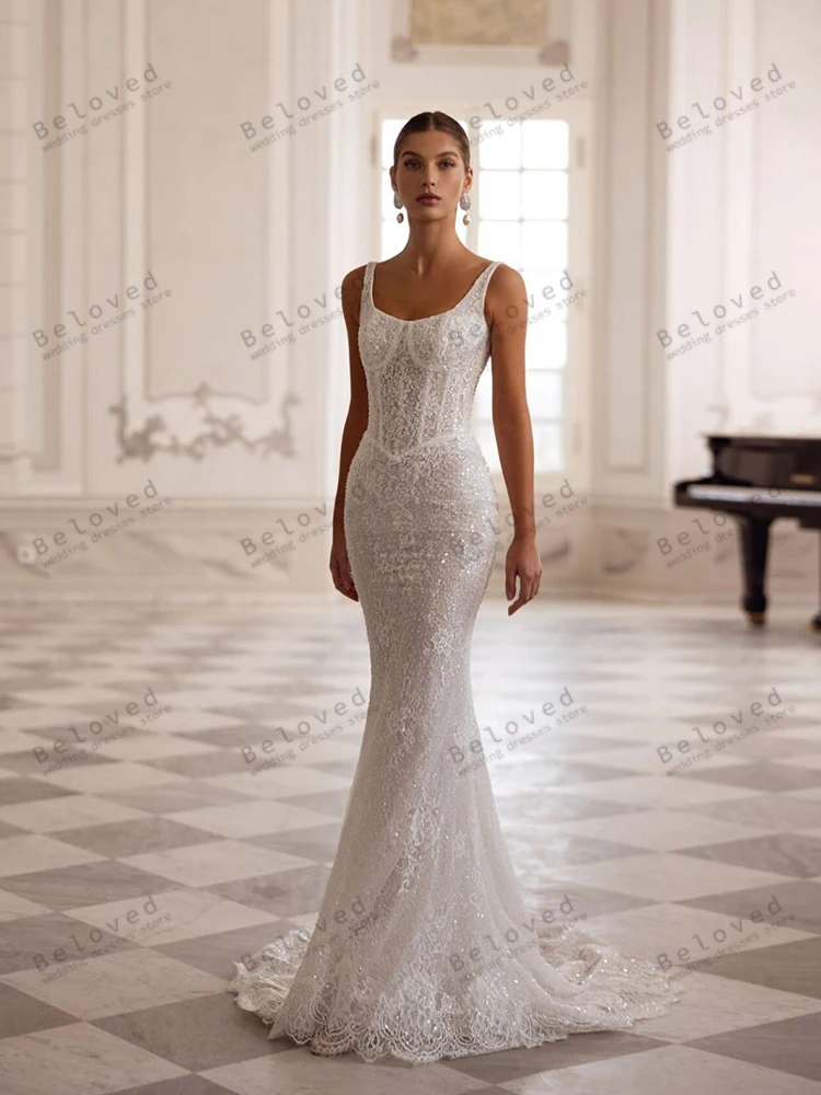 Exquisite Brautkleider, Spitze, Brautkleider, ärmellos, rückenfrei, Roben, glamourös, Sweep-Zug, Vestidos de Novia, maßgeschneidert