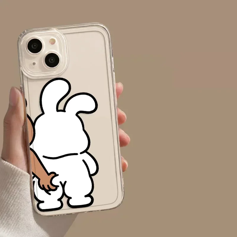 Cartoon Bear Bunny Clear Lovers Couple Phone Case For iPhone 16 15 13 12 11 14 Pro Max Plus 13Mini  SE Paired Cover Shell Fundas