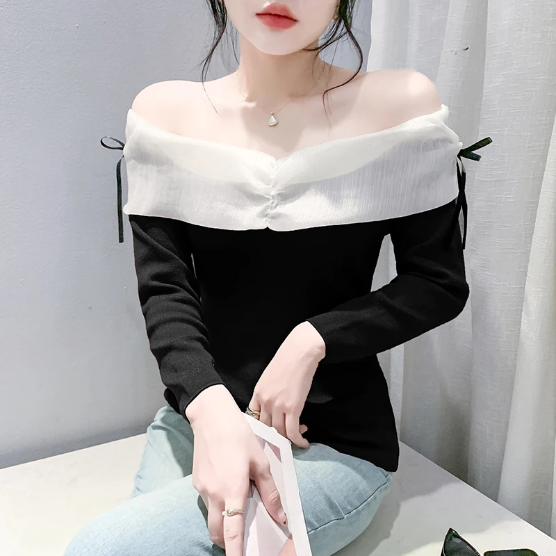 

Black Korean Style Fall Winter Knitted Sweater Sexy Women Off Shoulder Patchwork Slim Long Sleeve Pullover Tops 2024 New 491602
