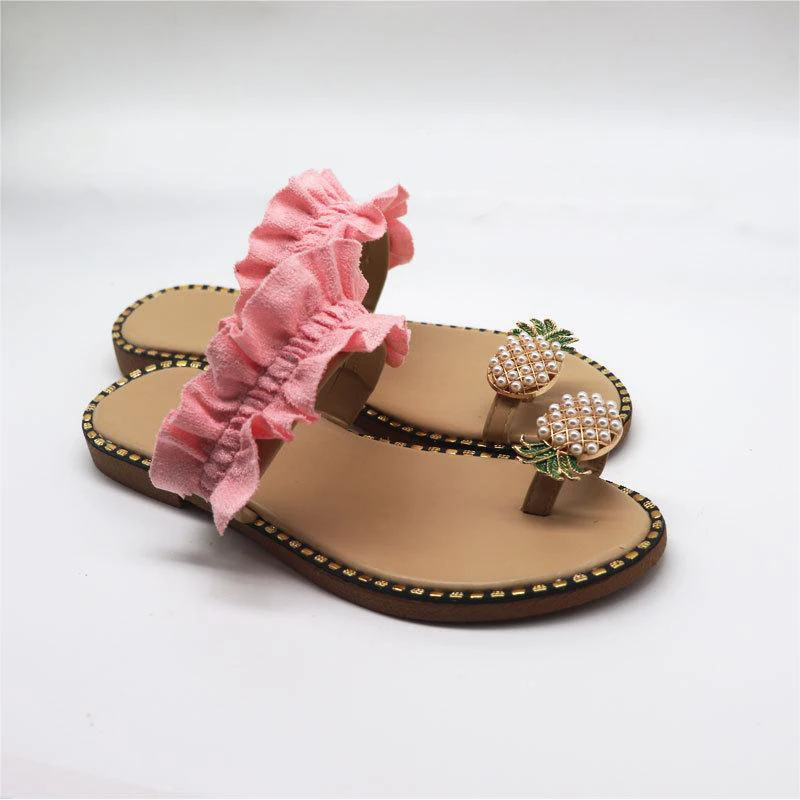 2024 Summer Casual Large Size Toggle Toe Pineapple Buckle Decorated Rose Pattern Flower Green Fruit Cool Flat Slippers